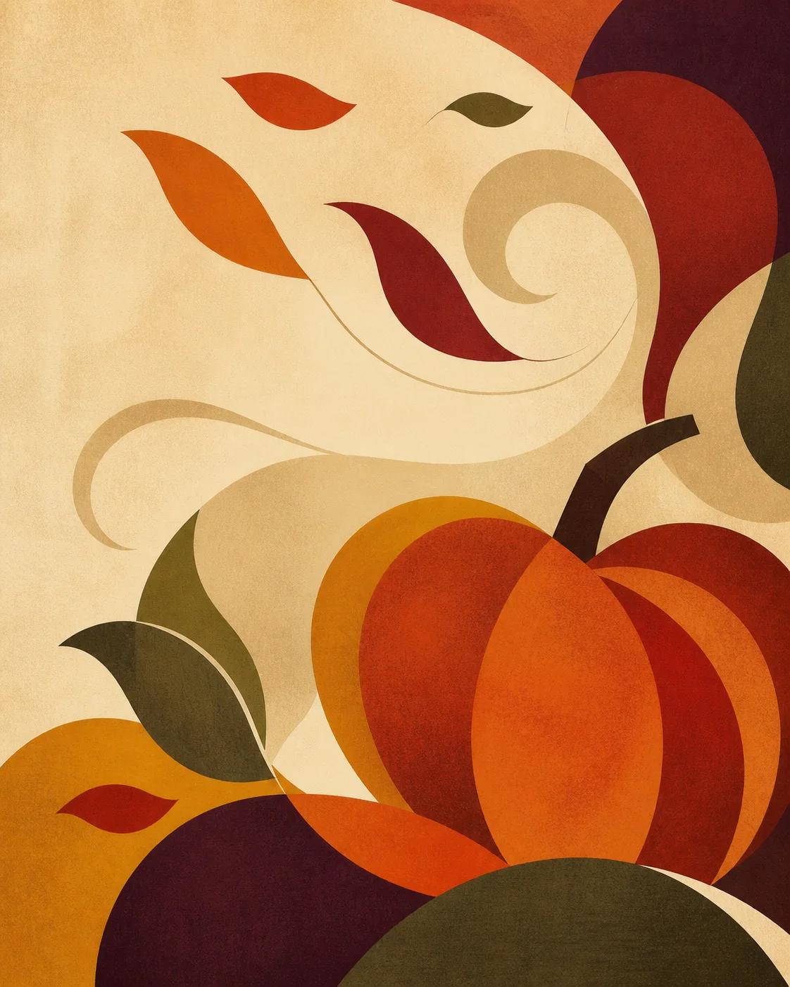 Abstract mid-century autumn artwork with wind-swept leaves and pumpkin forms